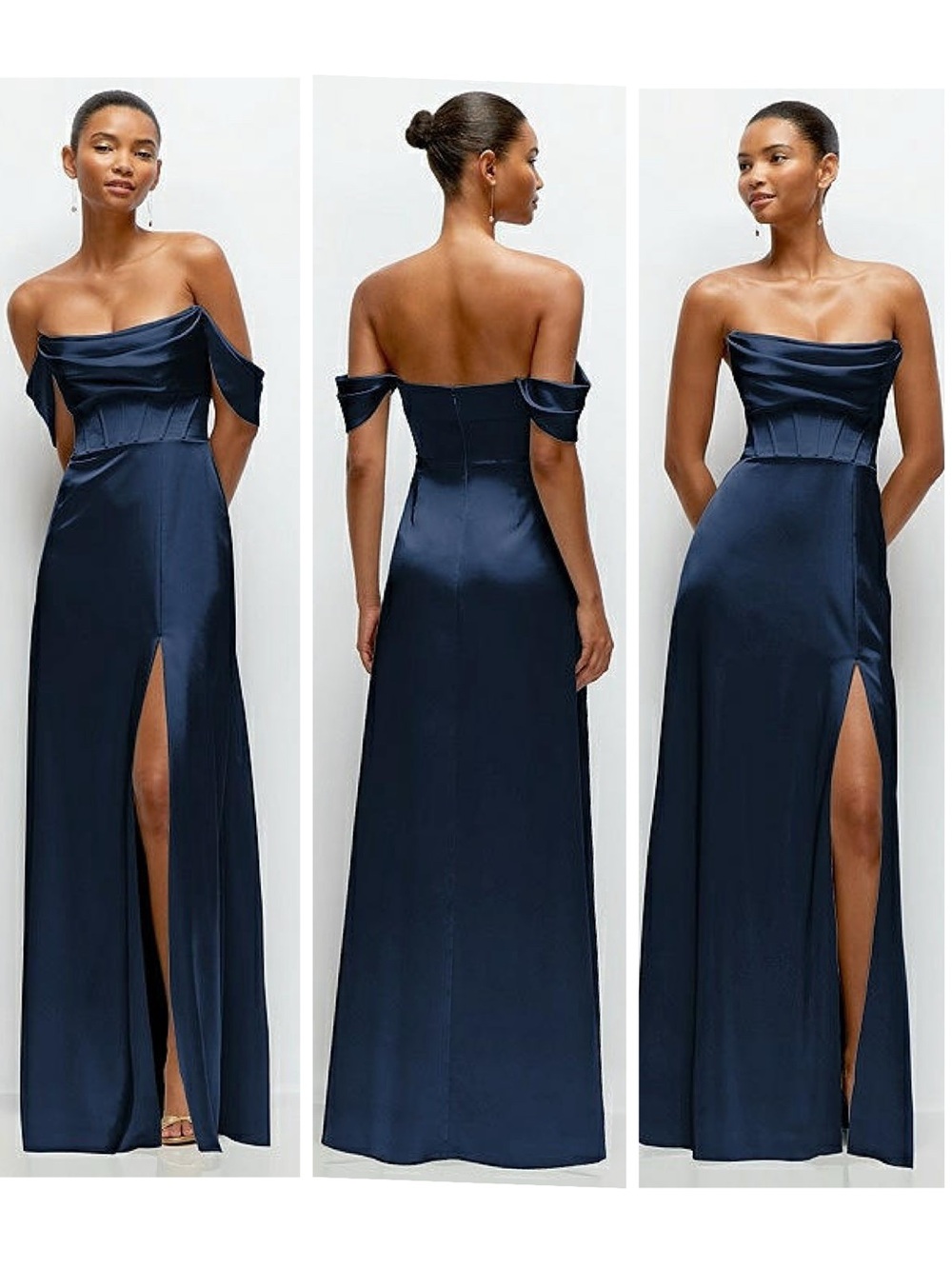 After Six Navy Off-Shoulder Satin Maxi Dress with Thigh Slit